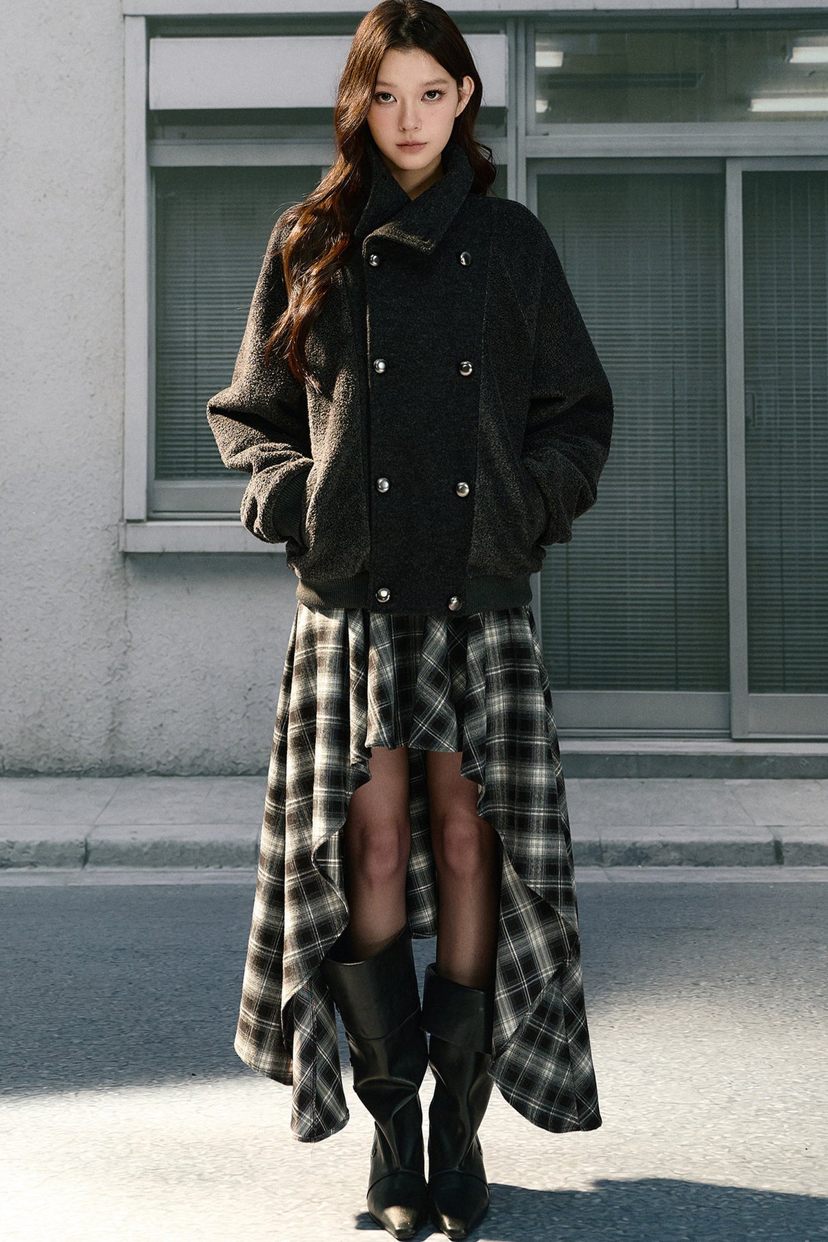 Irregular Hem Long Plaid Skirt