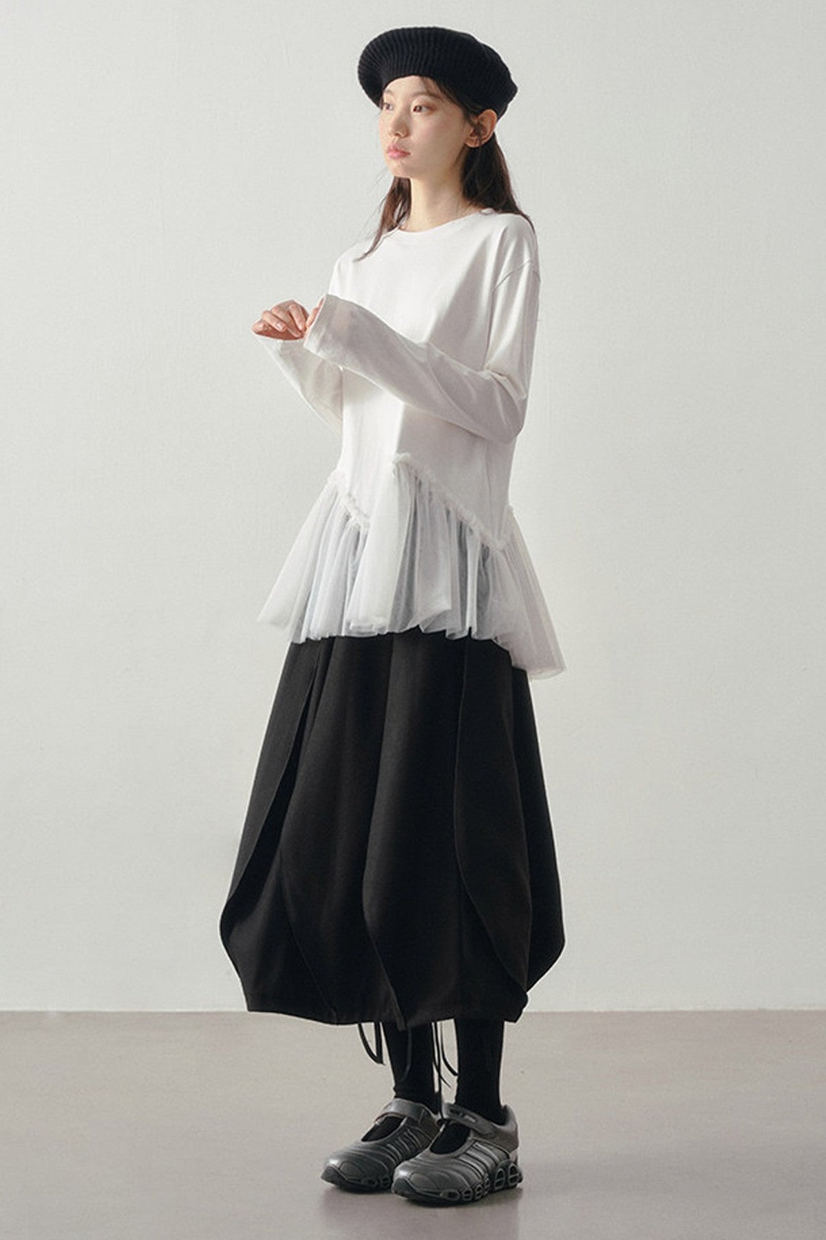 Wavy Hem Mesh Long Sleeve Top