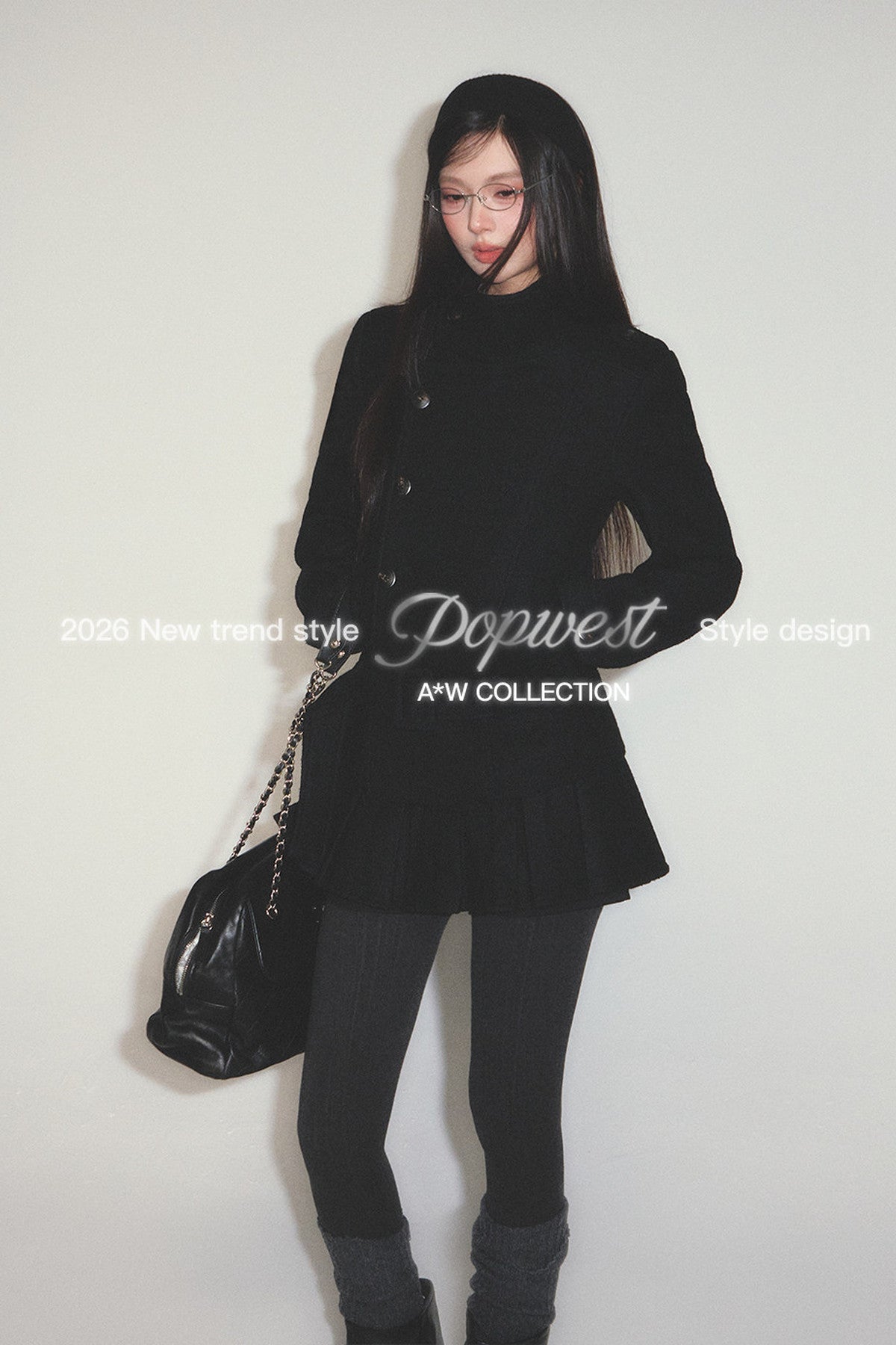 Detachable Belt Woolen Coat and Pleated Skirt Set-Up