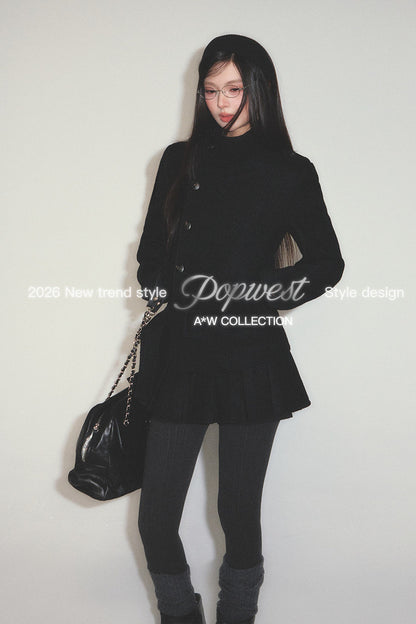 Detachable Belt Woolen Coat and Pleated Skirt Set-Up