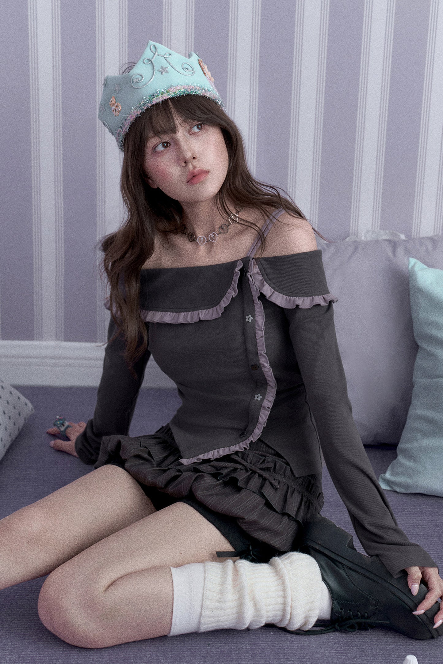Gray Purple Off Shoulder Top