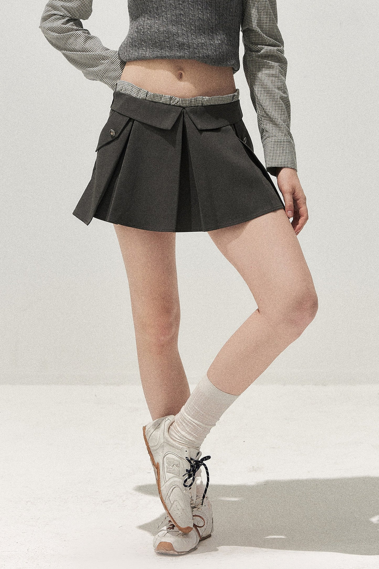 Double Waistband Gray Pleated Skirt