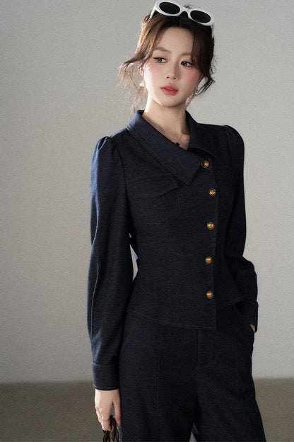 Asymmetrical Lapel Blue Top and Pants Set-Up