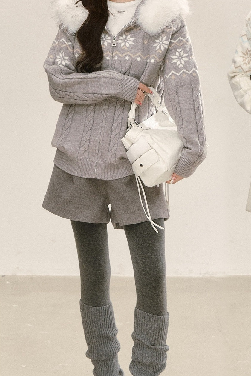 Fair Isle Hooded Knit Cardigan and Woolen Shorts Set-Up