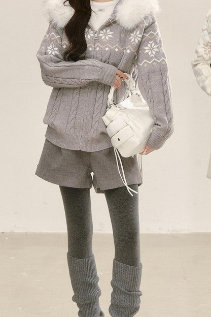 Fair Isle Hooded Knit Cardigan and Woolen Shorts Set-Up