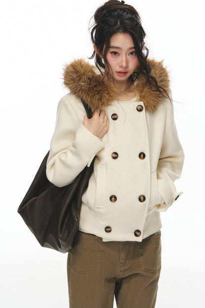 Wool Double-Breasted Fur Collar Coat Set-Up