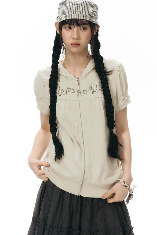 Printed Hooded Oatmeal Short-Sleeve Sweatshirt
