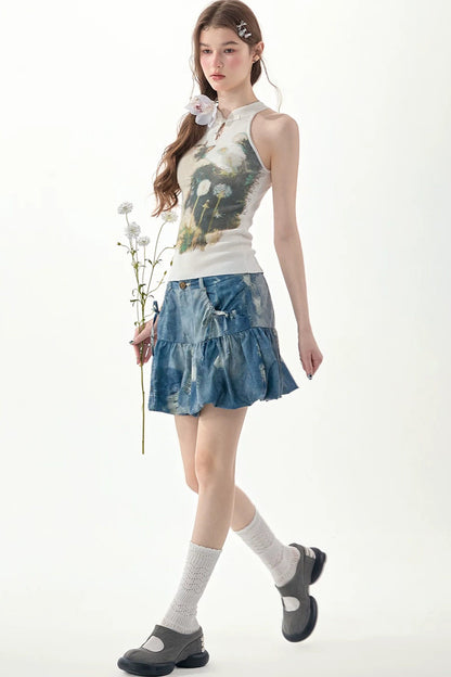 White Knit Cat Print Halter Top