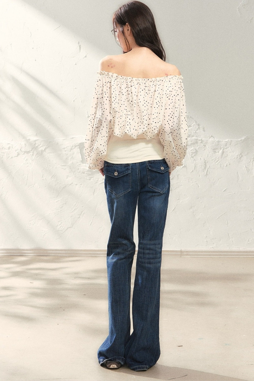 One-Shoulder Polka Dot Chiffon Top and Vest Set-Up