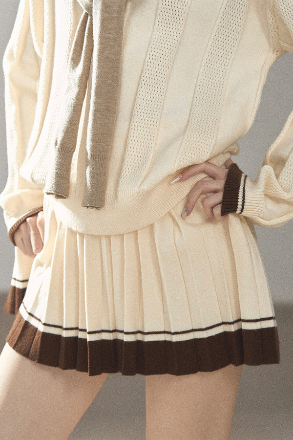 Knit Top, Pleated Short Skirt and Jacket Set-Up