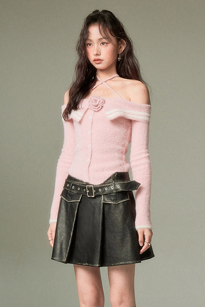 Rose Cross-Strap Off-Shoulder Sweater