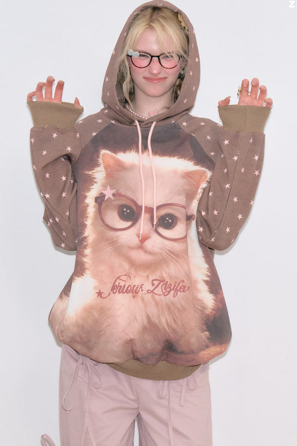 Brown Cat Star Polka Dot Hoodie