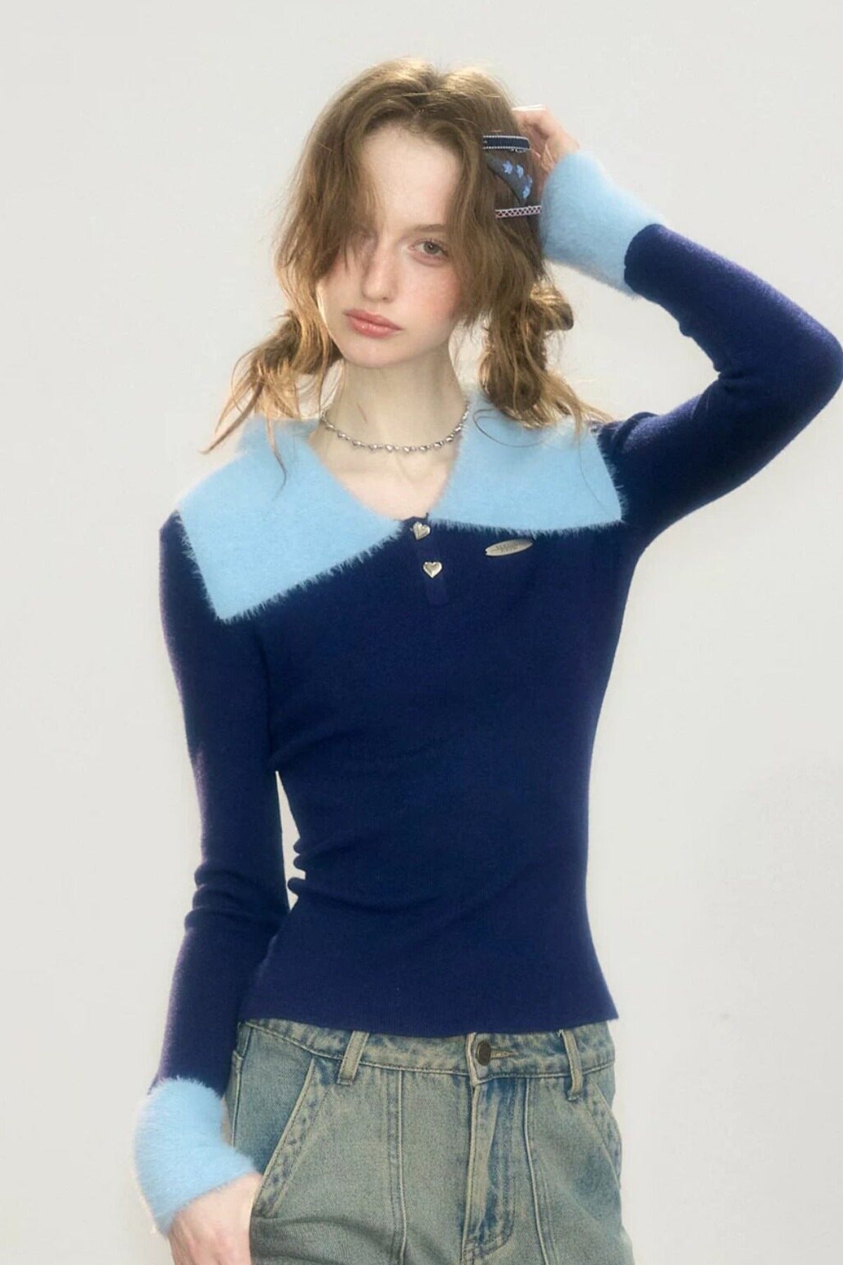 Color-Blocked Polo Collar Knit Sweater