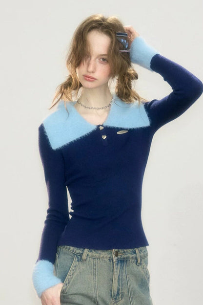 Color-Blocked Polo Collar Knit Sweater