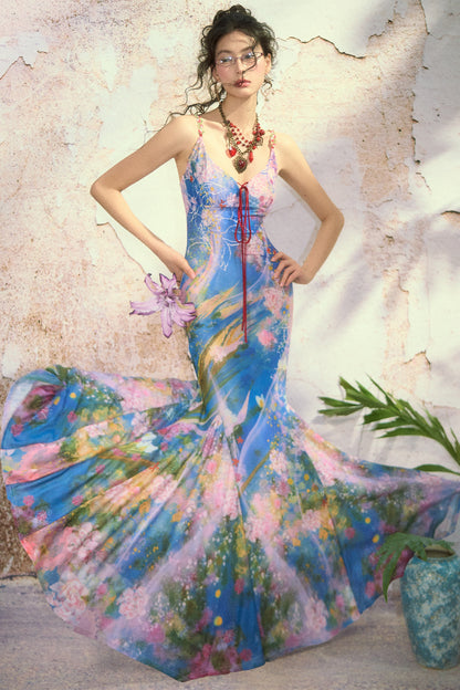 Neckholderkleid mit Ölgemälde-Print und weitem Saum