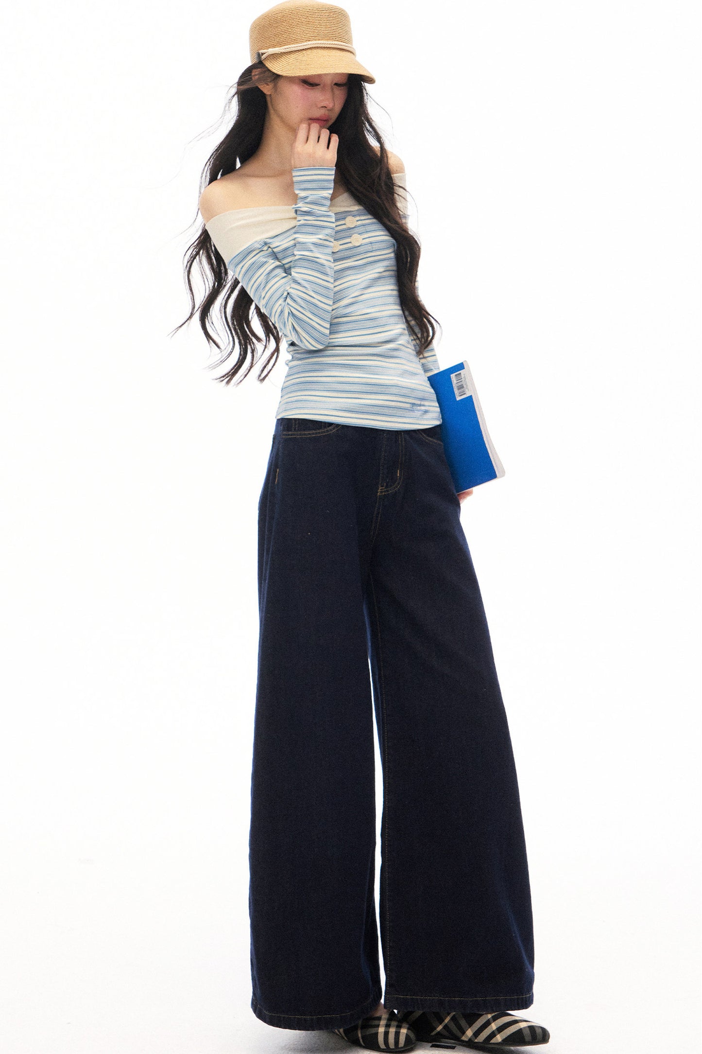 Striped Off-Shoulder Knit Top and Jeans Set-Up