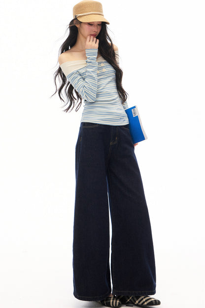 Striped Off-Shoulder Knit Top and Jeans Set-Up