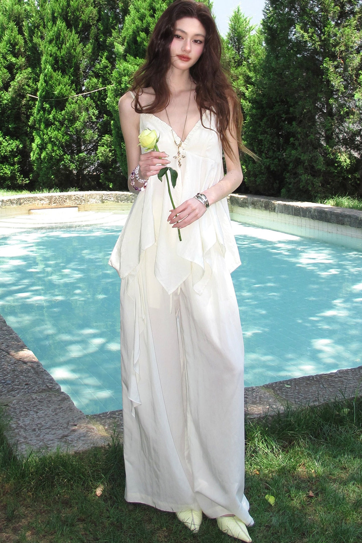Relaxed V-Neck Camisole And Wide-Leg Pants Set-Up
