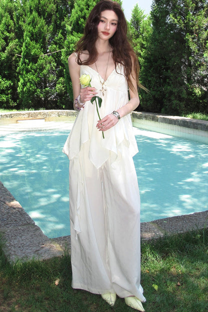 Relaxed V-Neck Camisole And Wide-Leg Pants Set-Up