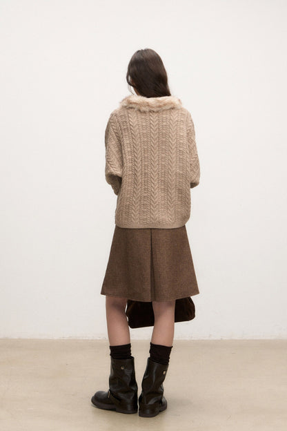 Fur Collar Knit Top and Skirt Set-Up