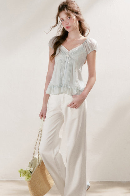Pleated Tencel Lace Ruffle Short Sleeve Top