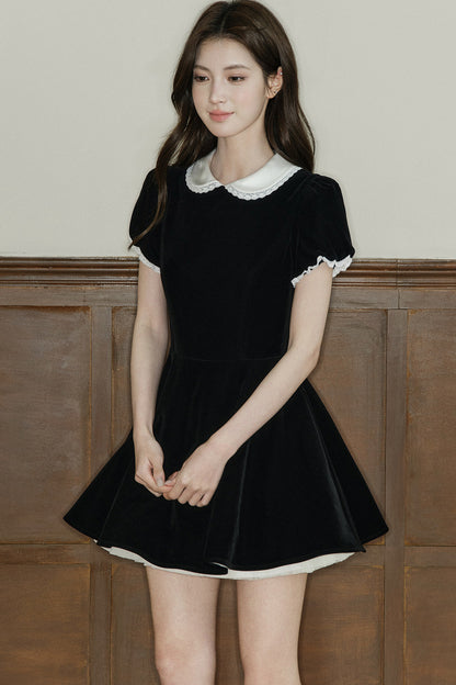 Lace Collar Velvet Puff Sleeve Dress