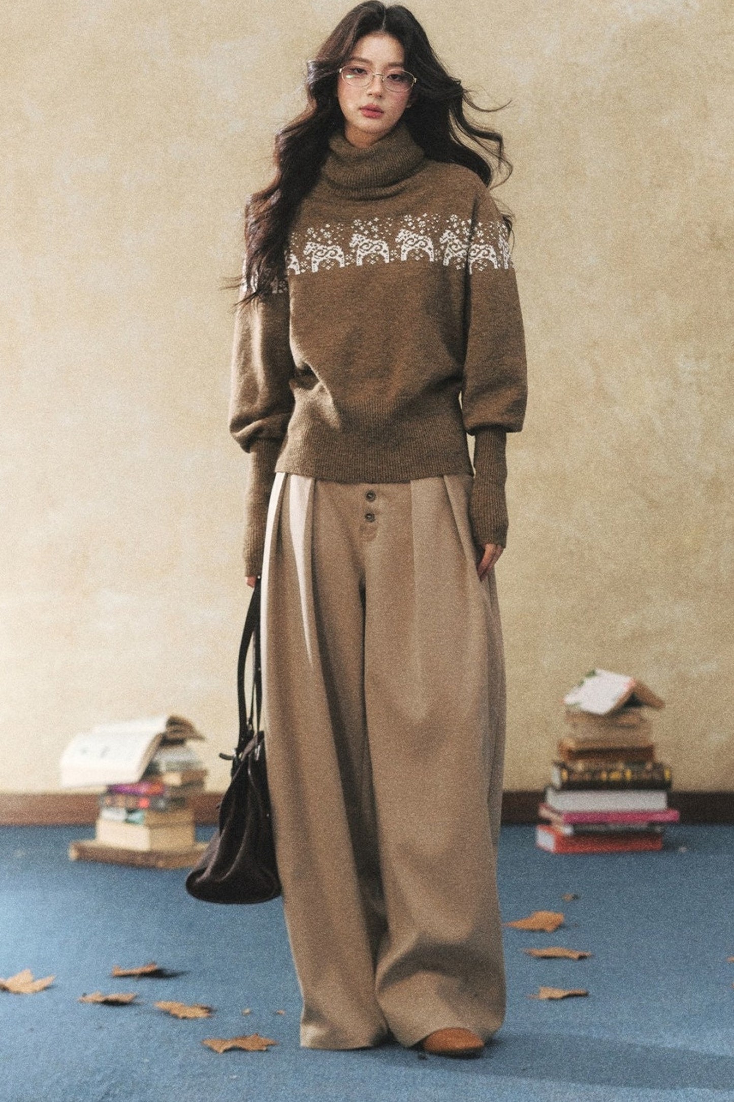 Khaki Wide-Leg Casual Pants