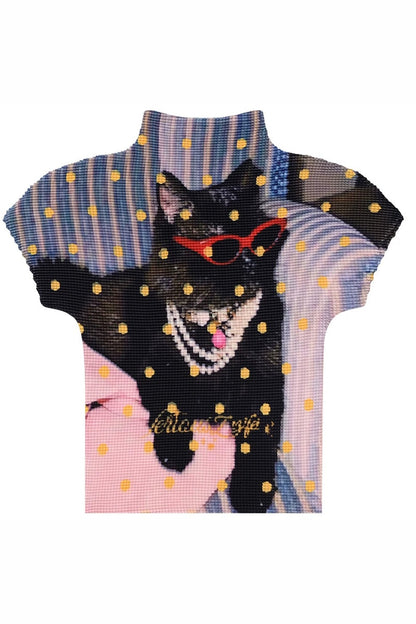 Pleated Cat Print Blouse