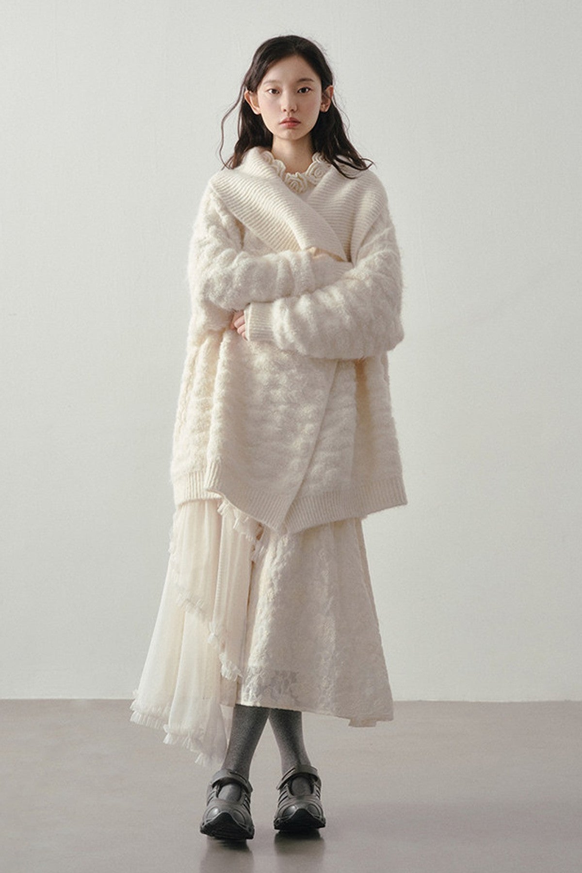Beige Thick-Knit Loose Mid-Length Cardigan