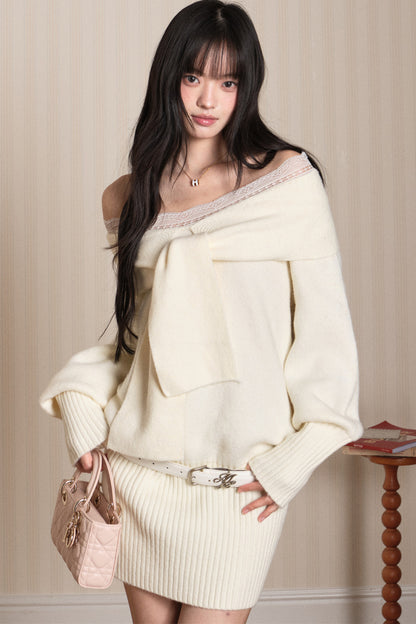 One-Shoulder Lace Knot Sweater Dress