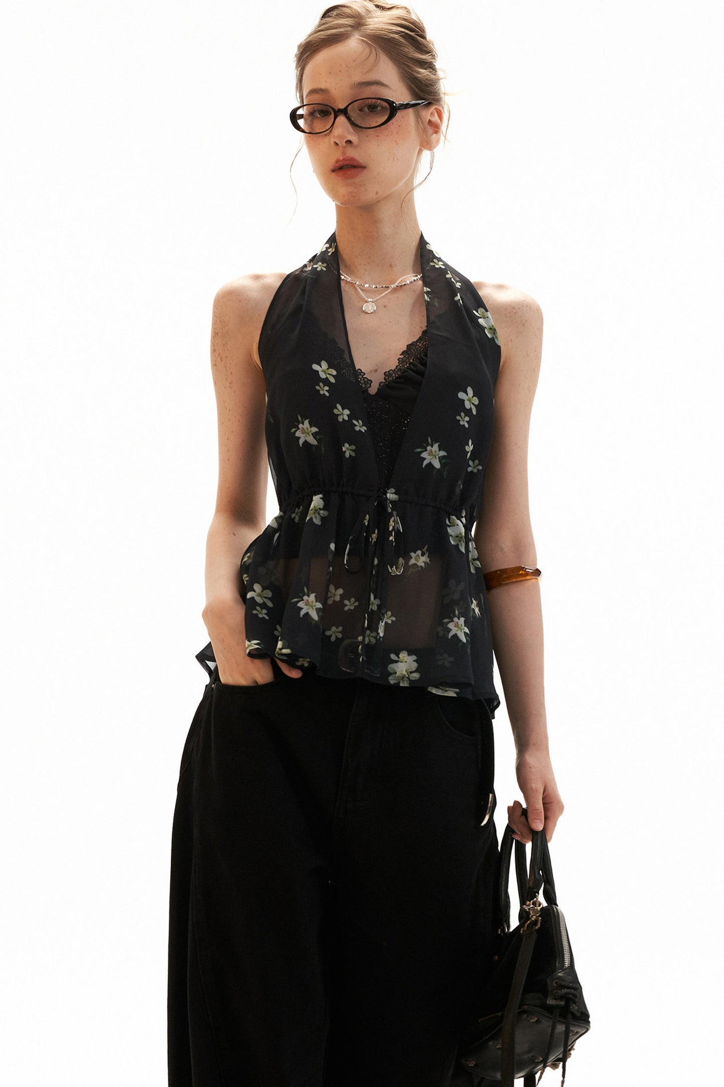 Black Floral Halter Tie Camisole Top Set-Up