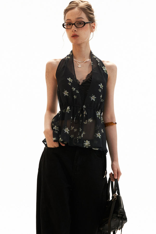 Black Floral Halter Tie Camisole Top Set-Up