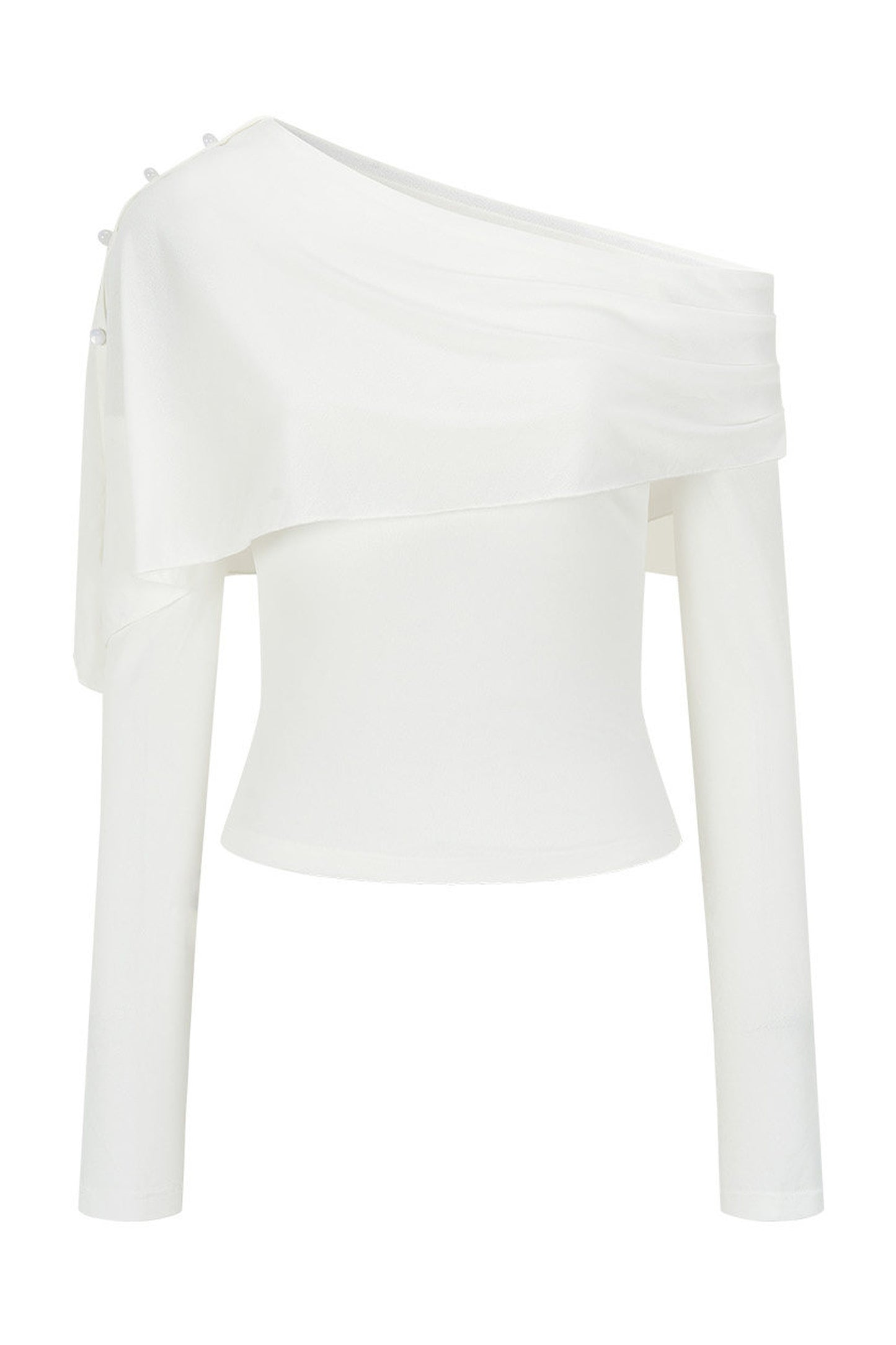 Asymmetric One-Shoulder Button Shawl Long Sleeve Top