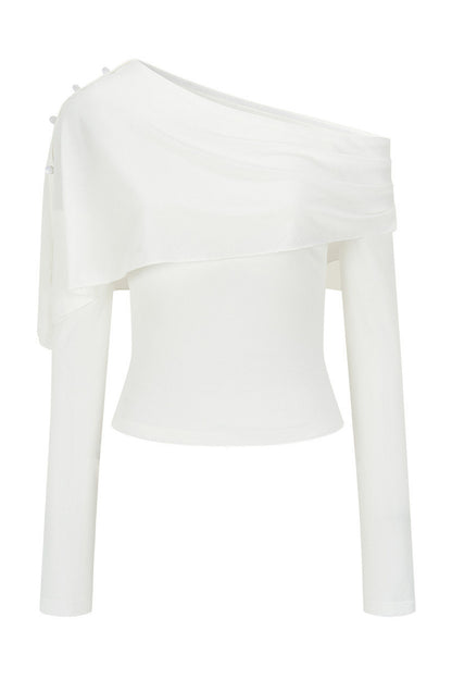 Asymmetric One-Shoulder Button Shawl Long Sleeve Top