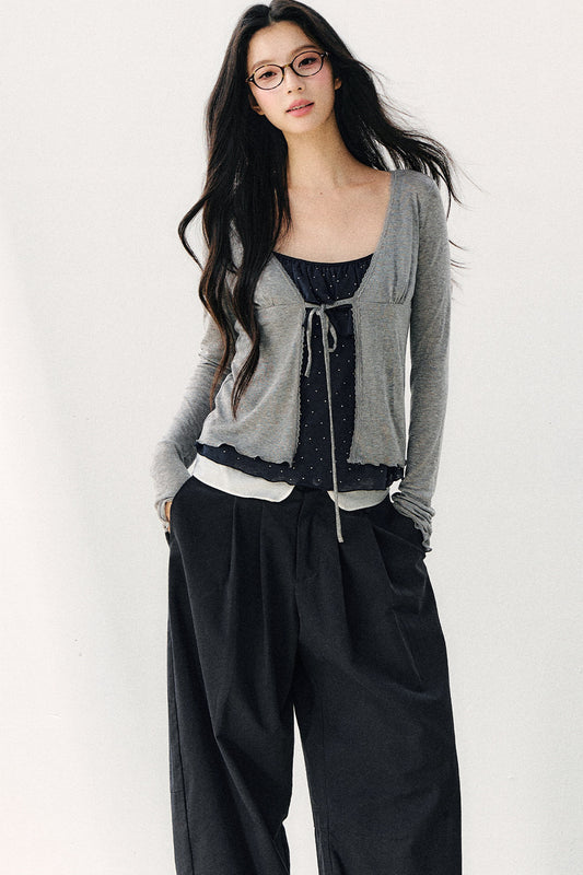 Double-Layer Ruffle Top And Cardigan Set-Up