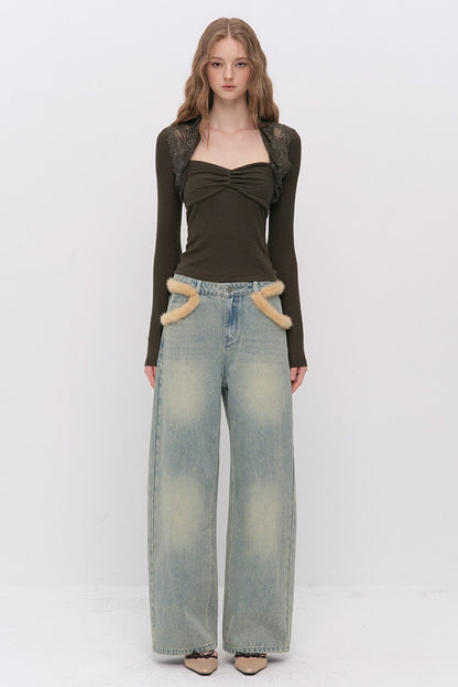 Fur Patch Wide-Leg Jeans