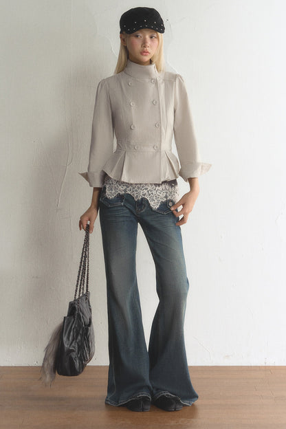 Stand Collar Double-Breasted Ruffled Hem Jacket