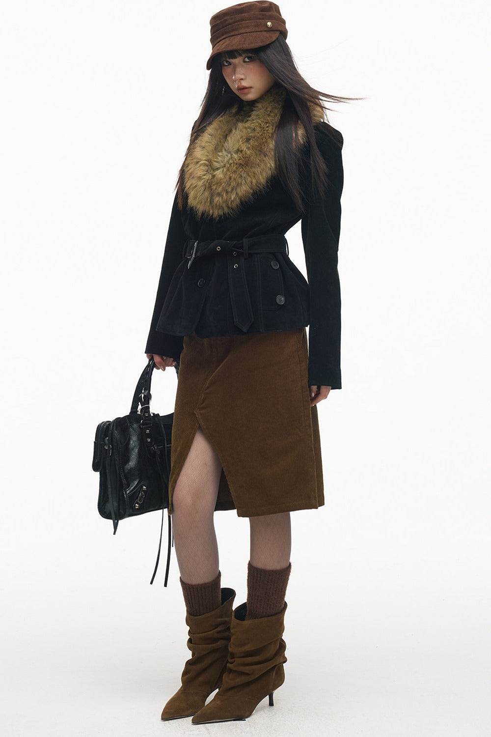 Belted Suede Fur Collar Jacket
