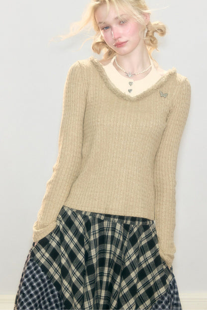 Frayed Halter Layered-Look Knit Top