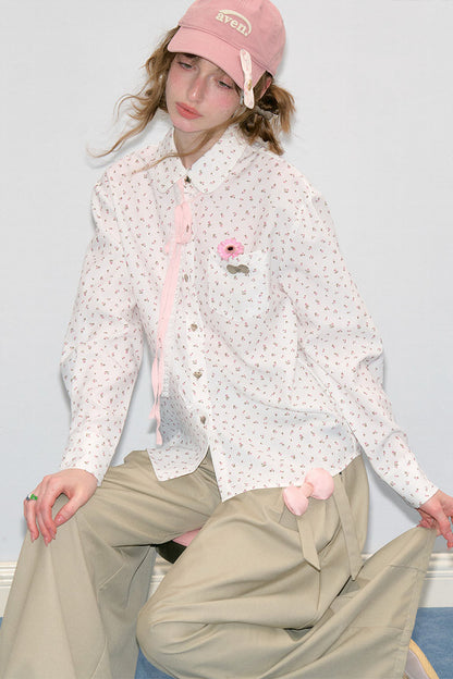 White Floral Lace-Up Doll Collar Blouse