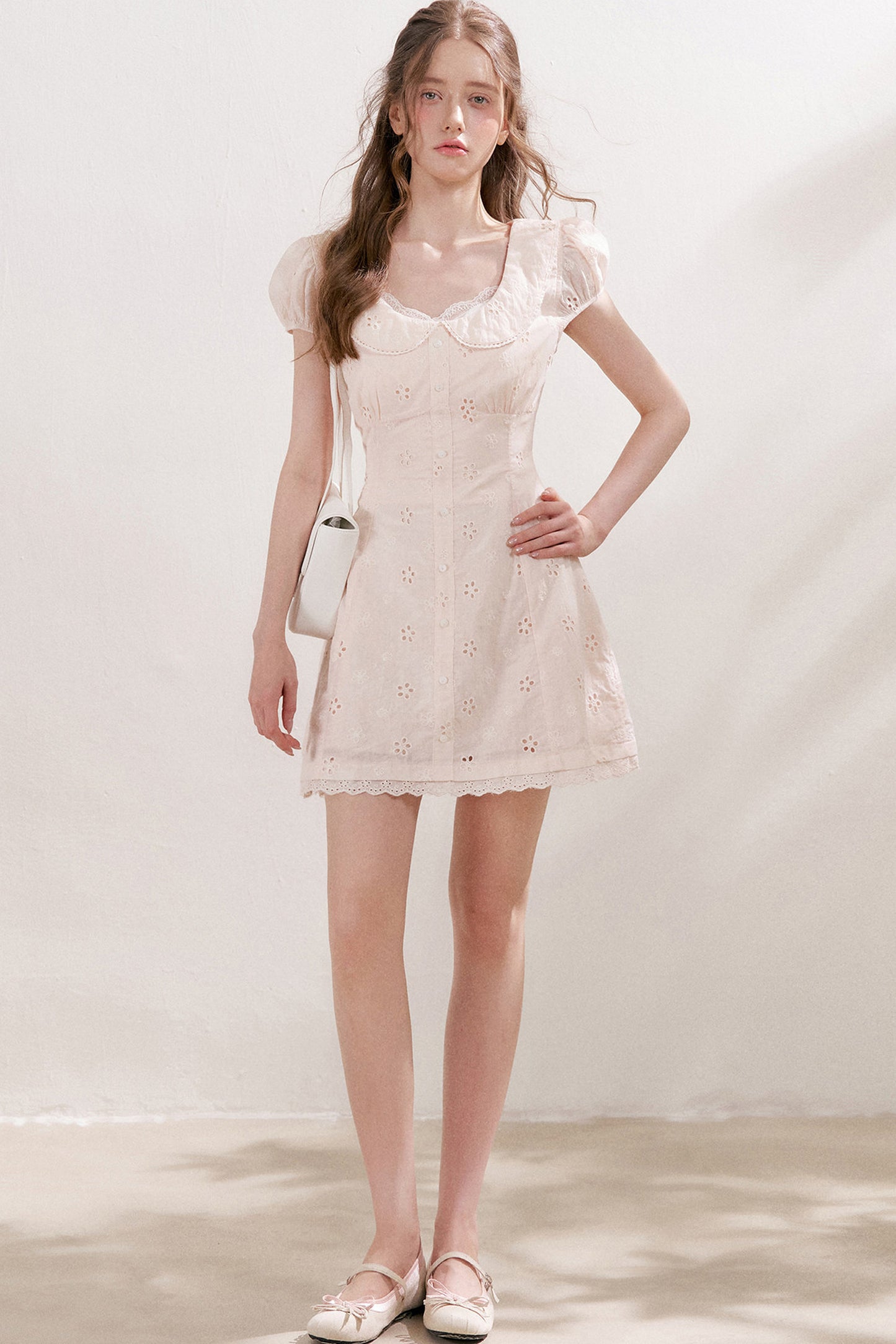 Five-Petal Flower Embroidered Cotton Doll Collar Dress