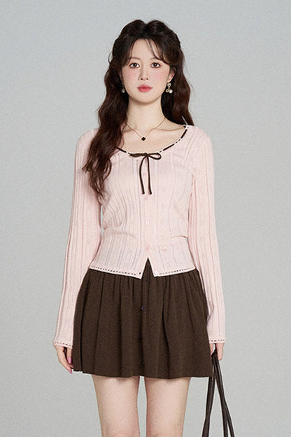 Hollow-Out Knit Cardigan and Skirt Set-Up