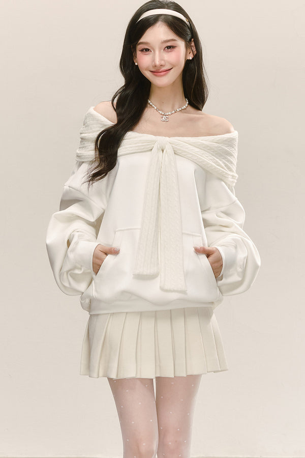 White Knitted Patchwork Hooded Sweatshirt Set-Up