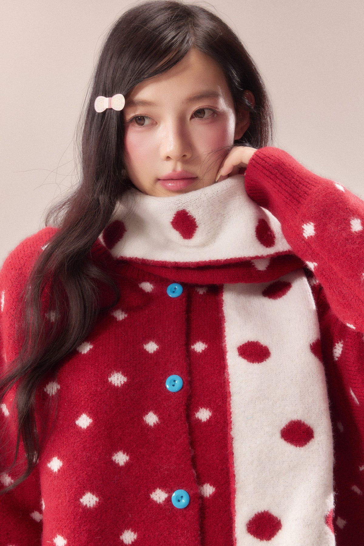 Polka Dot Scarf Knit Cardigan