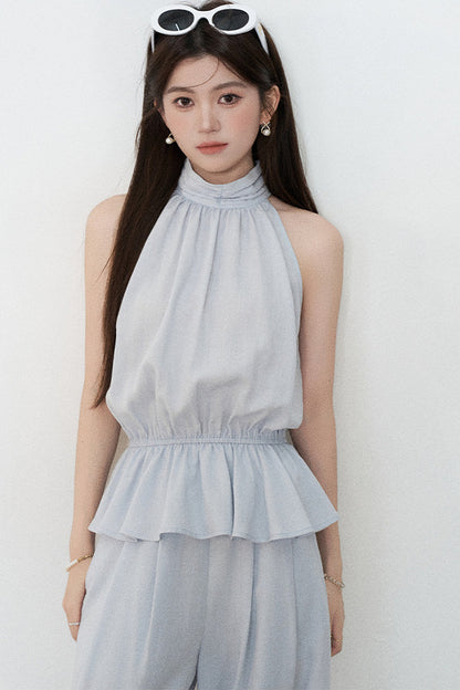 Blue Tencel Halter Shirt and Wide-Leg Pants Set