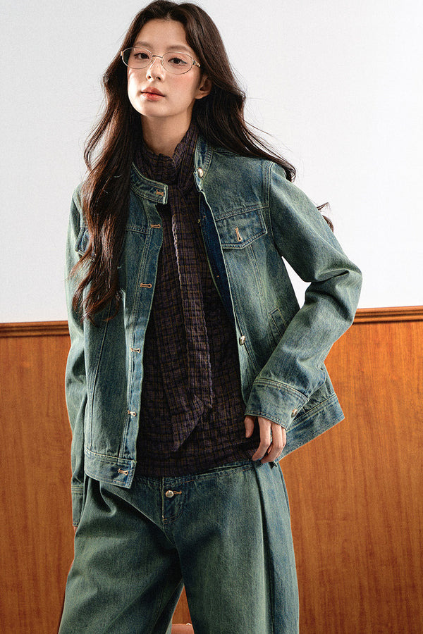 Retro Washed Denim Top and Wide-Leg Pants Set-Up