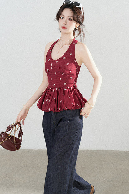 Red Halter Peplum Top