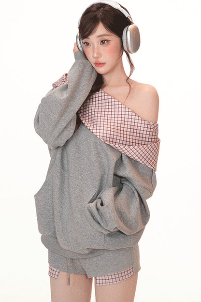 Gray Plaid Patchwork Sweatshirt and Shorts Set-Up