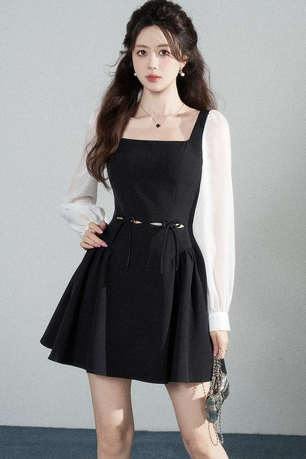 Black Square-Neck Hollow-Out Dress