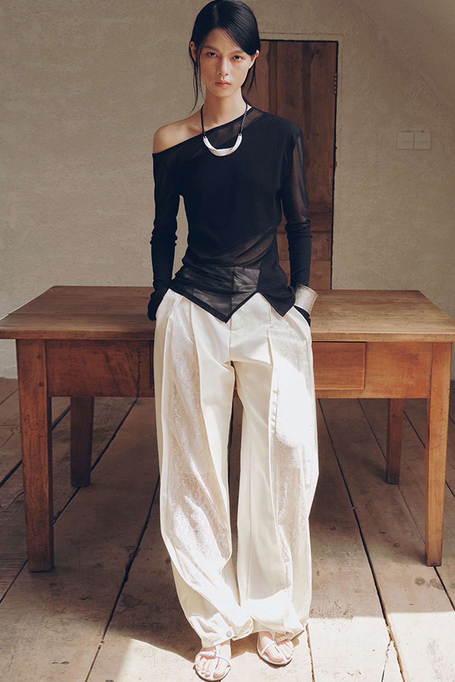 Asymmetrical Sheer Long Sleeve Top